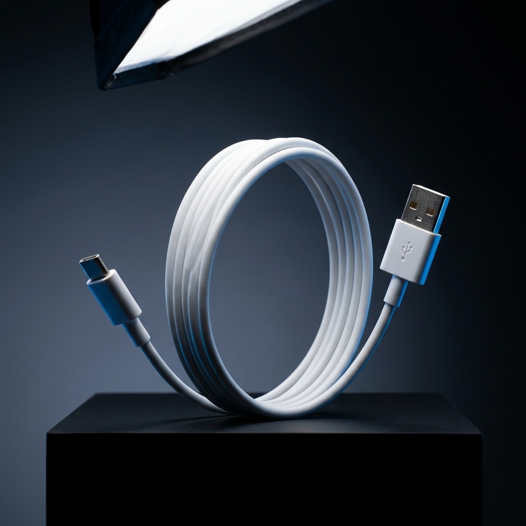 Dramatic studio shot of white USB-A to USB-C charging cable with cinematic lighting against blue-grey background highlighting premium build quality