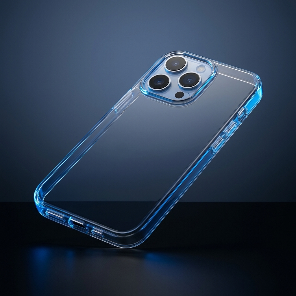 Dramatic hero shot of transparent silicone iPhone 15 Pro Max case with cinematic blue lighting against dark background