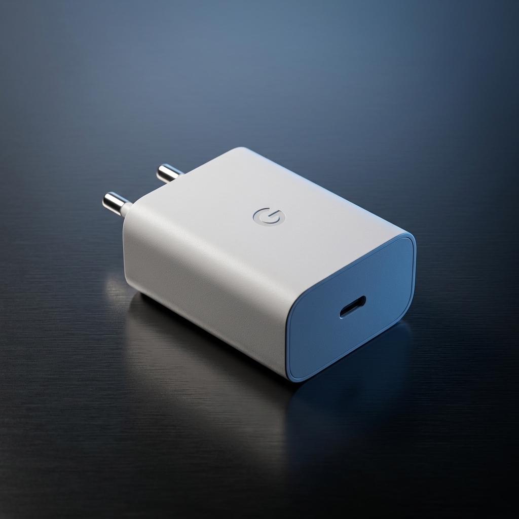 Dramatic hero shot of Google 30W USB-C wall charger with cinematic lighting on dark premium surface