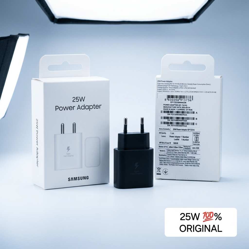 Samsung 25W fast charging adapter displayed with authentic retail packaging on white background