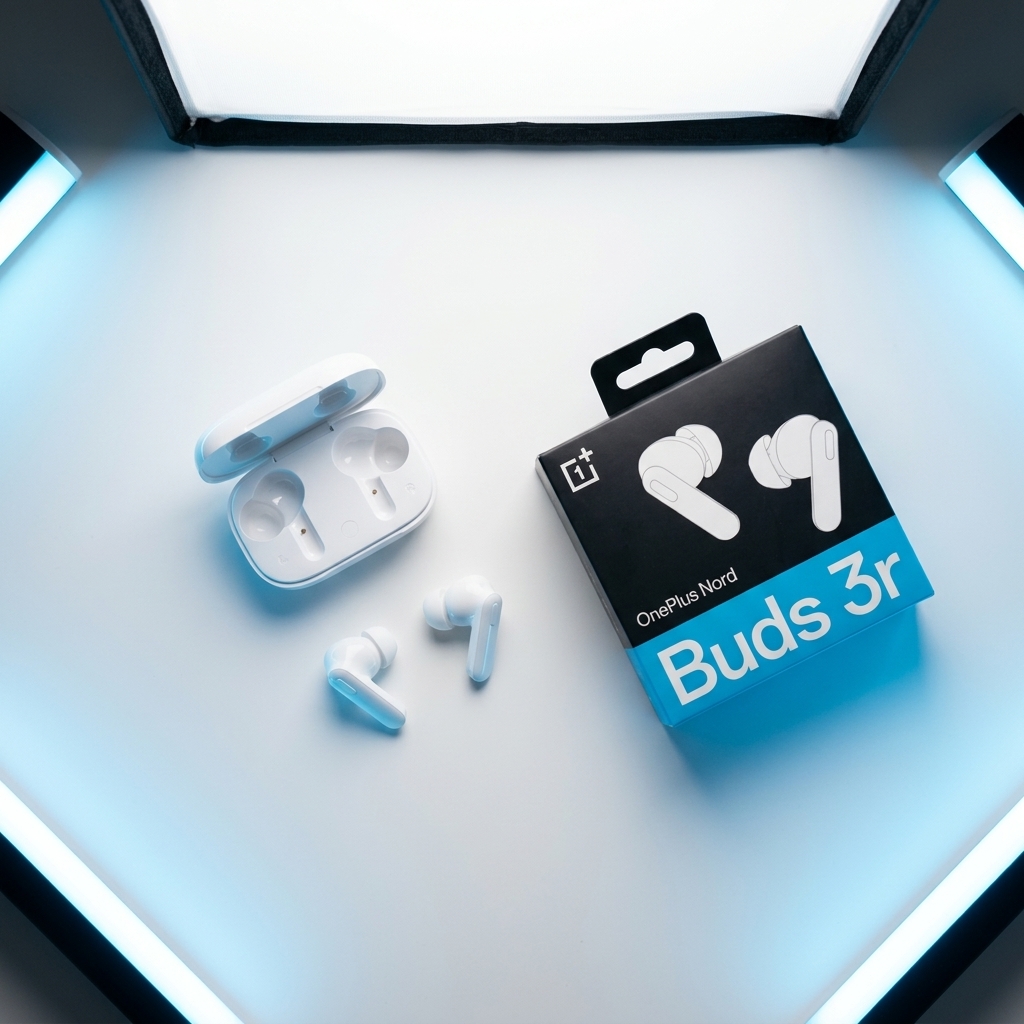 Top-down view of white OnePlus Nord Buds 3r wireless earbuds with charging case and packaging arranged in flat lay composition