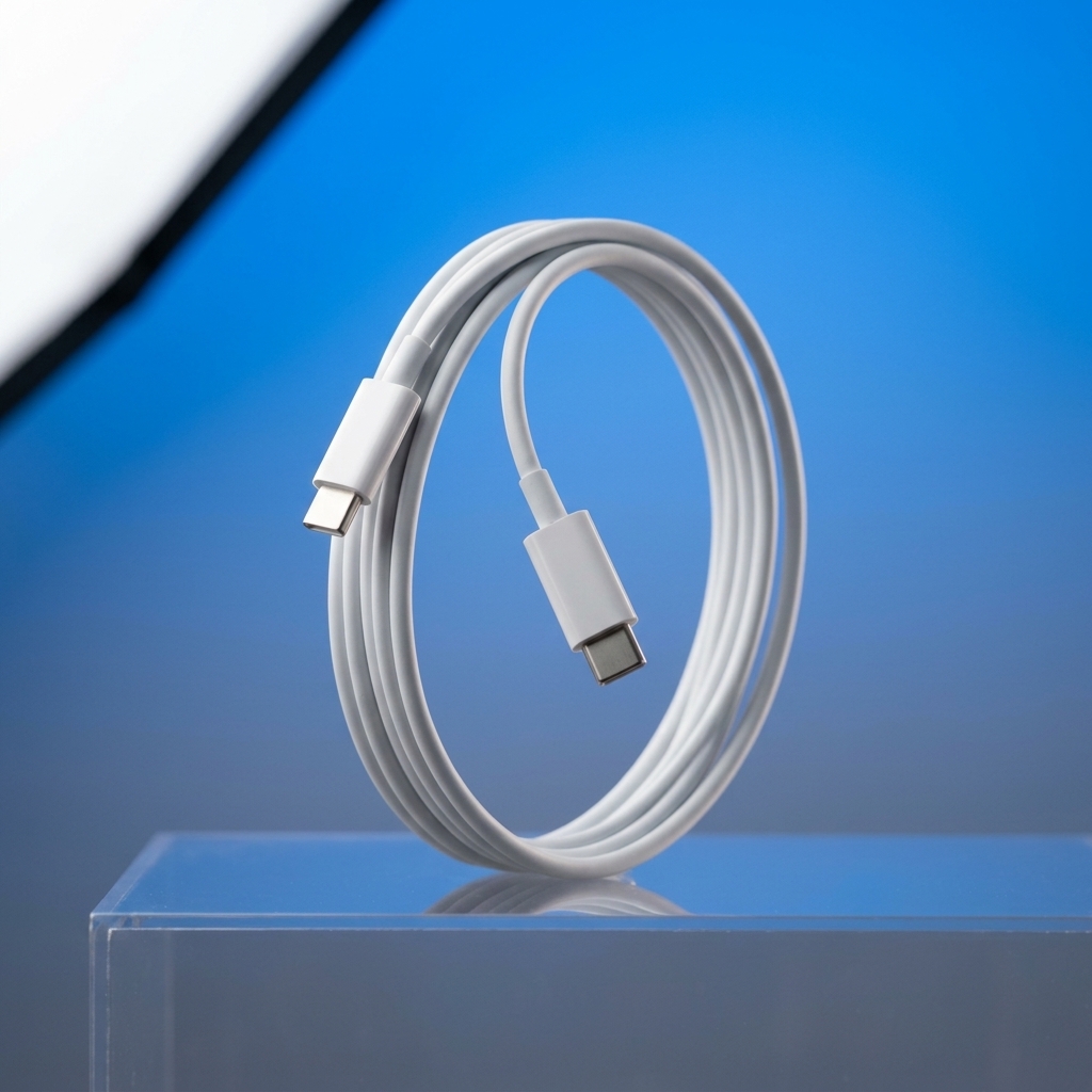 Dramatic studio shot of white USB-C charging cable with cinematic lighting on blue gradient background
